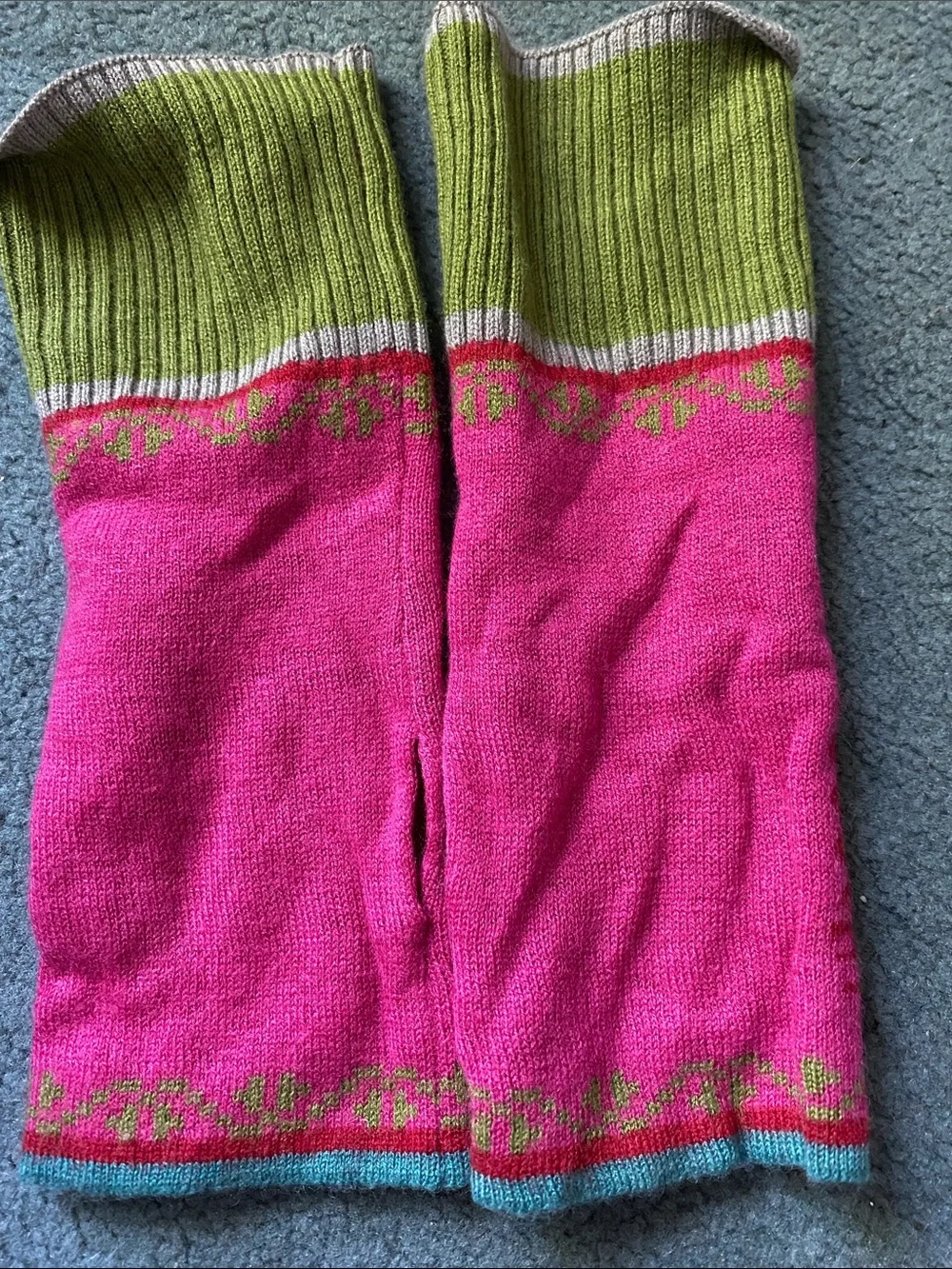 Pink & Green Vibrant Horse Motif Fingerless Gloves.